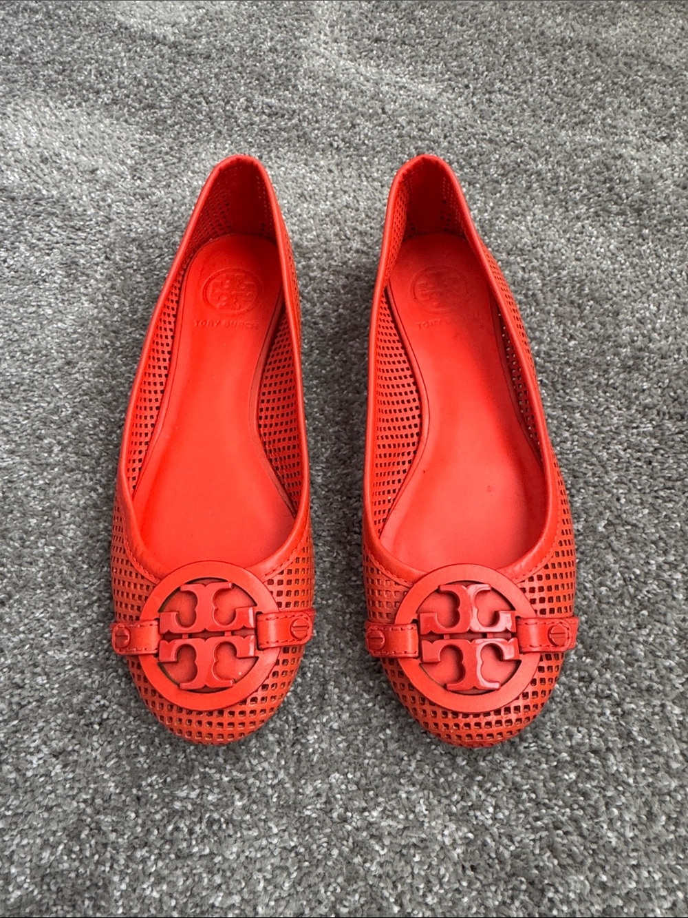 Tory Burch Red Perforated Logo Round-Toe Ballet Flats